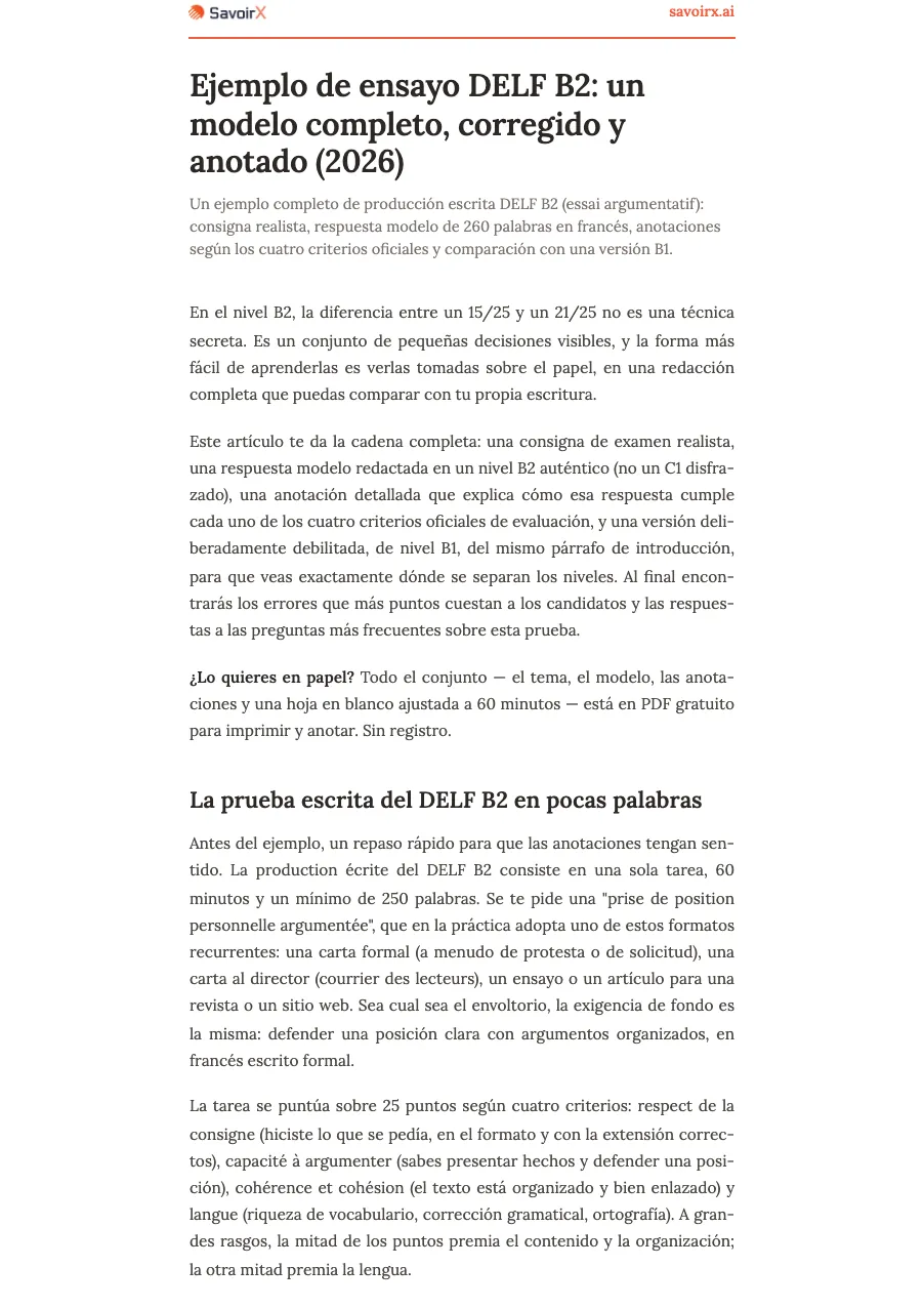 Primera página del modelo corregido de producción escrita DELF B2