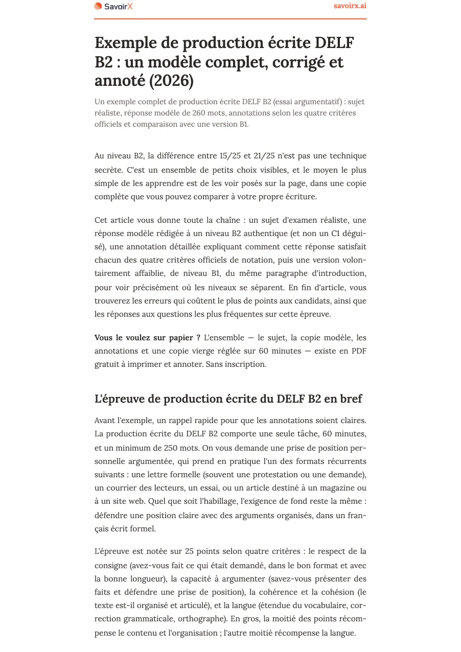 Première page du corrigé de production écrite DELF B2