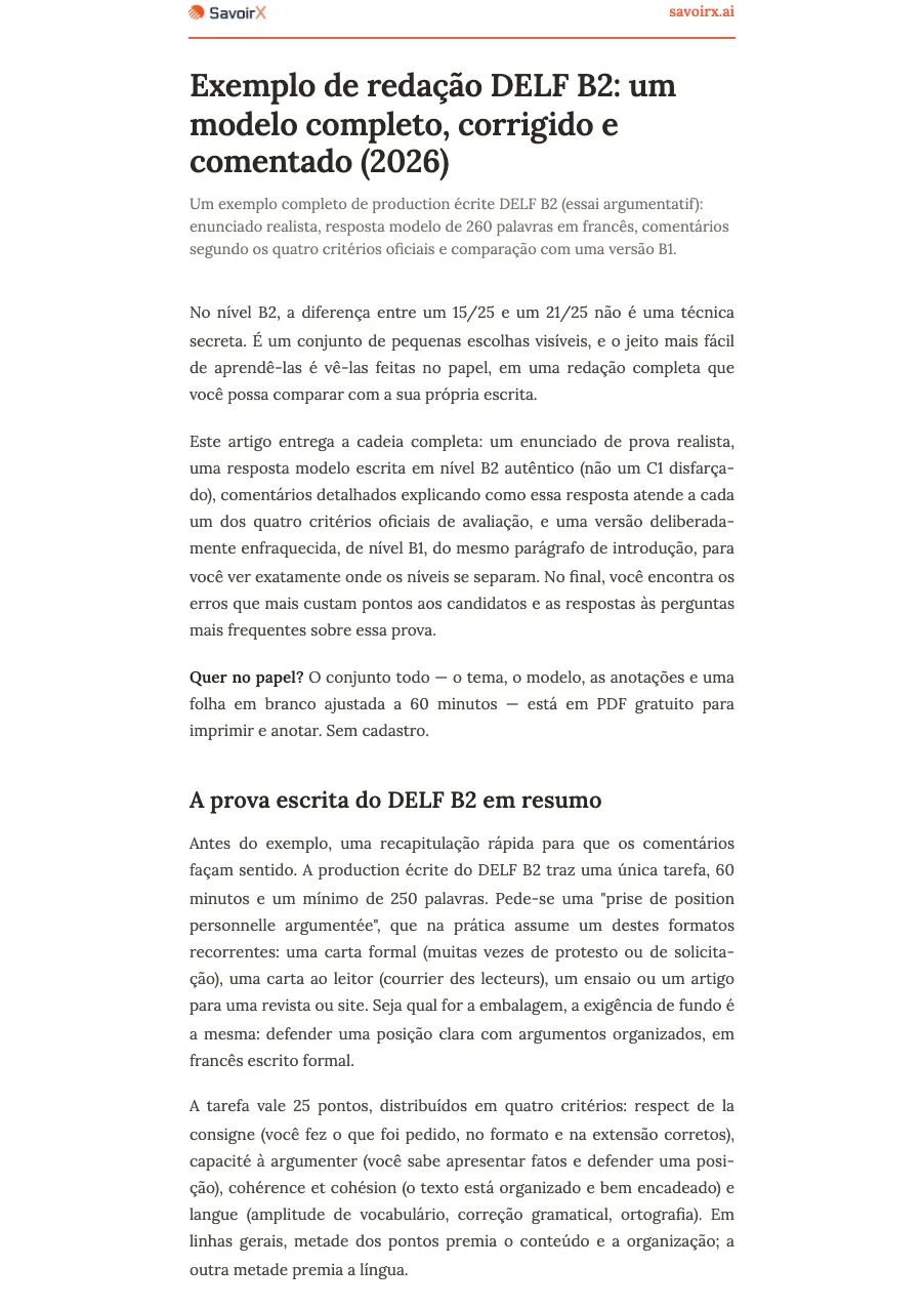 Primeira página do modelo corrigido de produção escrita DELF B2